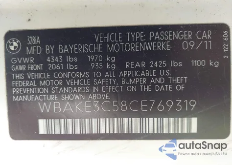 2012 BMW 328I from USA, damaged, VIN WBAKE3C58CE769319
